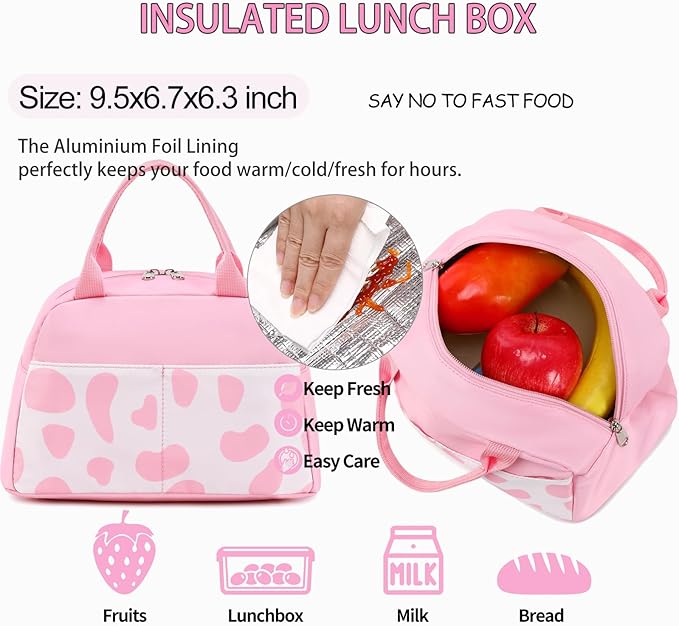 School Backpack for Girls Teens Bookbag with Lunch Box Set Kids Backpack Elementary Middle School Bag Daypack, Pink Cow