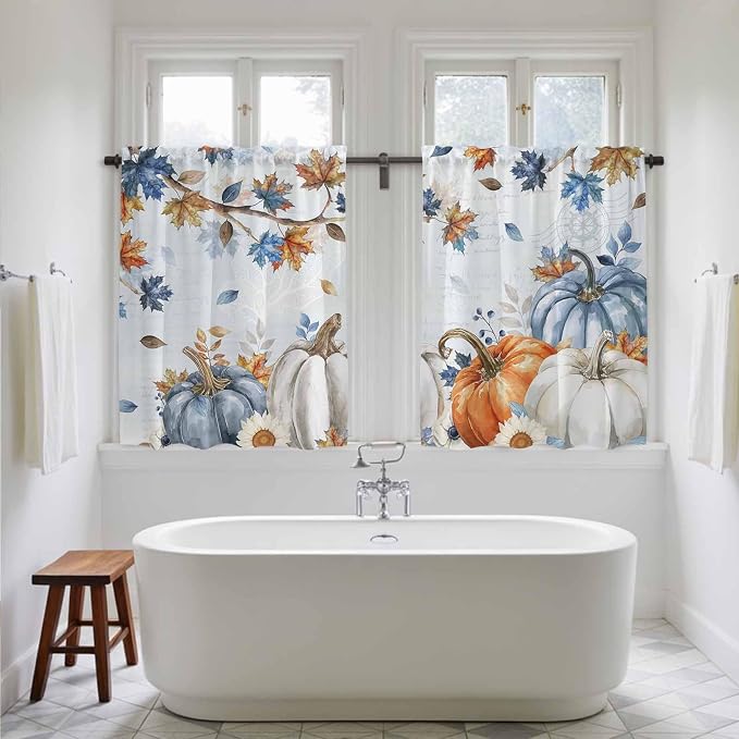Fall Blue Maple Kitchen Curtains 45 Inch Long 2 Panel Set, Rod Pocket Window