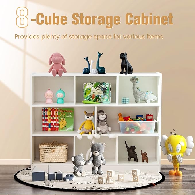 NAFORT 8-Cube Organizer Storage Cabinet, 3-Tier Bookshelf,Low Displaycase, Wooden Bookcase for Bedroom/Preschook/Classroom/Office, White