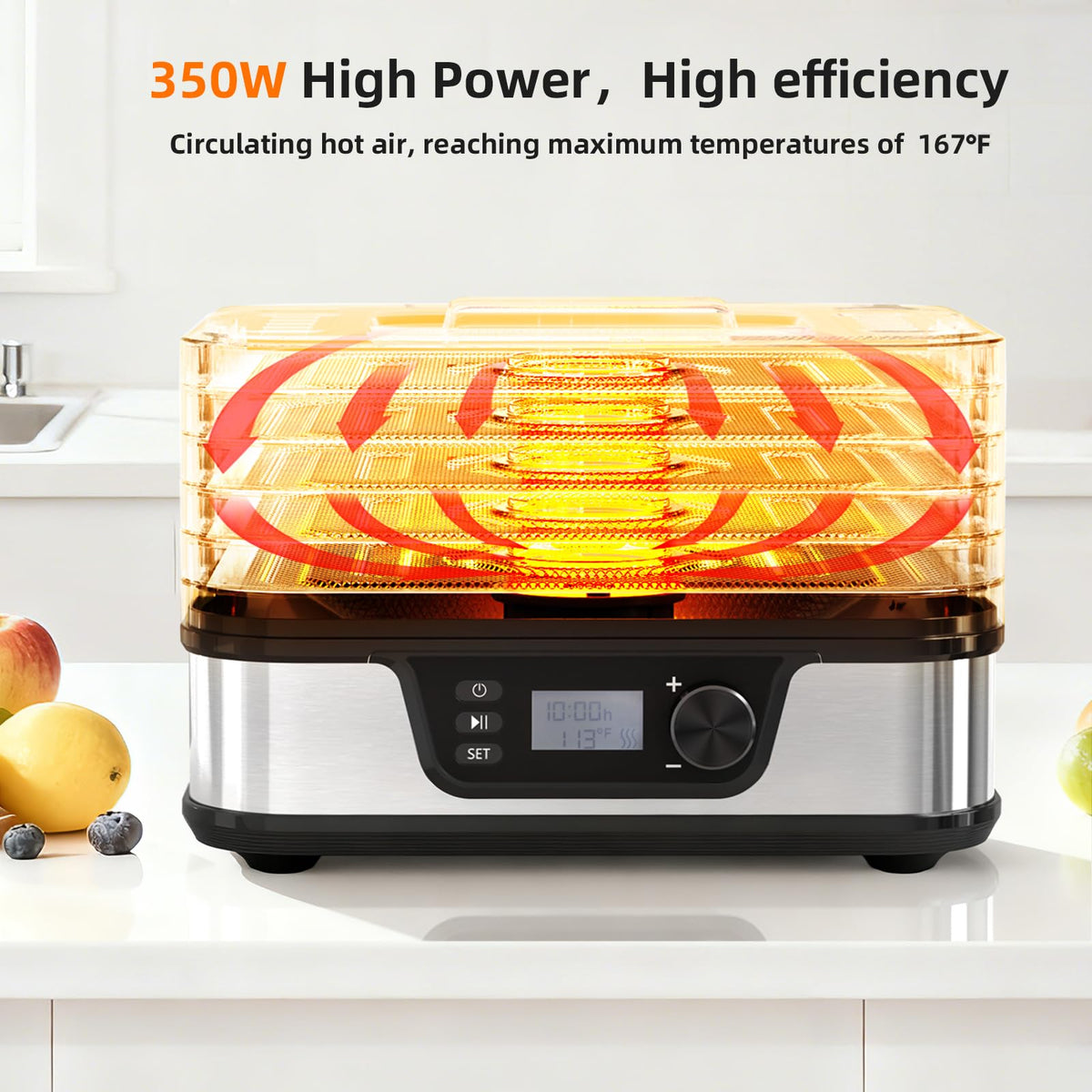 Kndko Food Dehydrator 350W Machine With Digital Adjustable Temperature and 72H Timer,5 BPA-Free Stainless Steel Trays for Fruits Vegetables and Meat