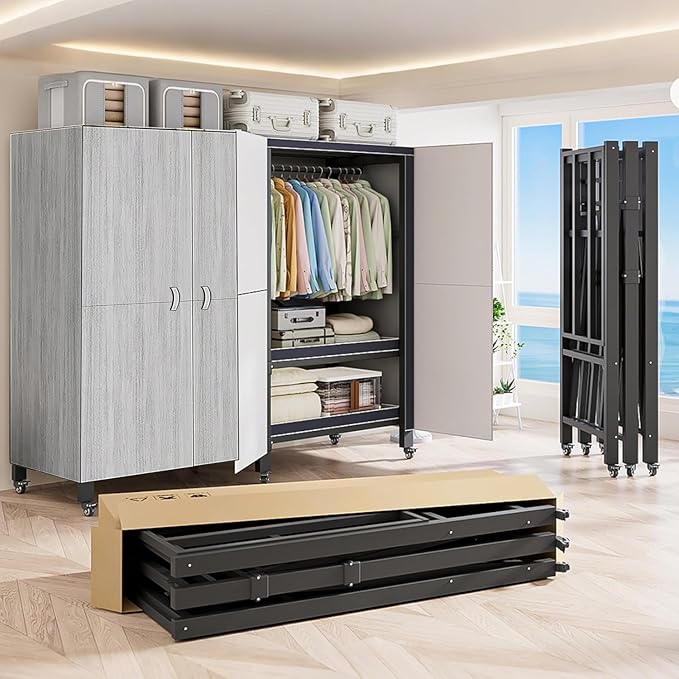 Heavy Duty Covered Clothes Rack with Magnetic Door Foldable Portable Wardrobe Closet for Hanging Clothing Rolling Black Metal Garment Rack on Wheels Closet System (Gray, 70.89in)