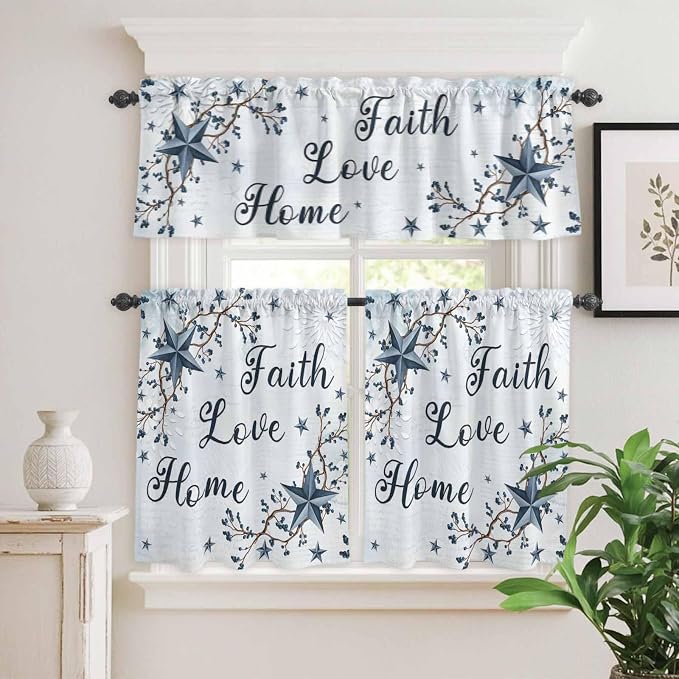 Kitchen Curtains Tiers and Valance Set of 3, Texas Star Country Light Filtering