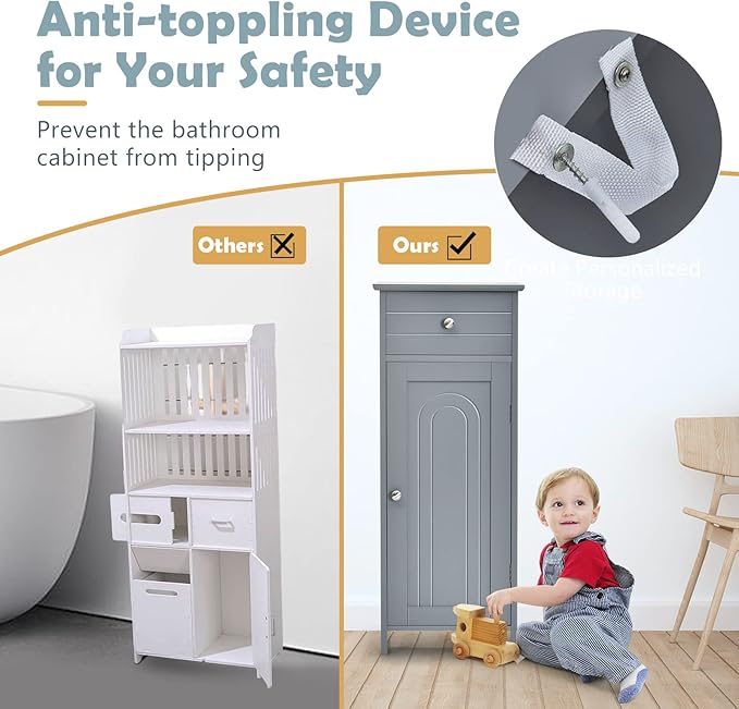 COSTWAY Bathroom Storage Cabinet, Single Door Floor Cabinet with Drawer and 3-Level Adjustable Shelves, Modern Side Storage Organizer with Anti-Tipping Device for Living Room, Bedroom (Gray)