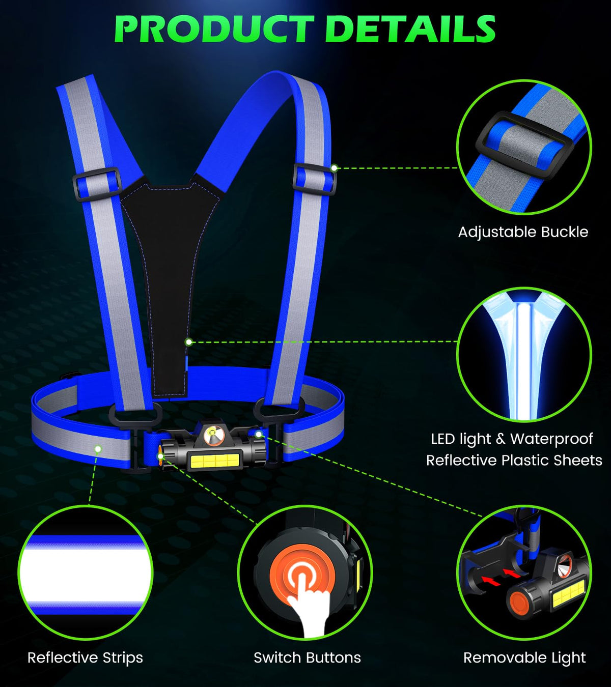Hoeraonr Running Lights for Runners,90°Adjustable LED Reflective Vest Running Gear,Rechargeable Chest Light Up Running Vest Night Walking Safety Gear for Night Walking/Cycling/Jogging (Blue)