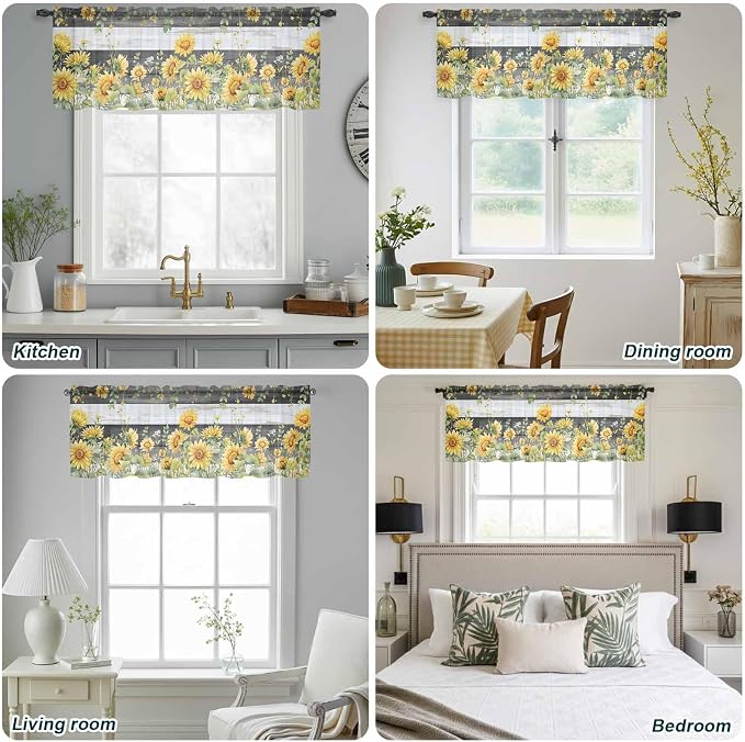 Summer Floral Sheer Valance Curtains, Watercolor Sunflower Eucalyptus Leaves