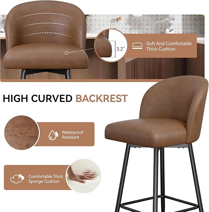Counter Height Bar Stools Set of 2,360° Swivel Barstools with High Back and Metal Legs,26" Seat Height, Upholstered PU Leather Bar Chairs for Kitchen Island, Dining Room,Cafes,Yellow Brown