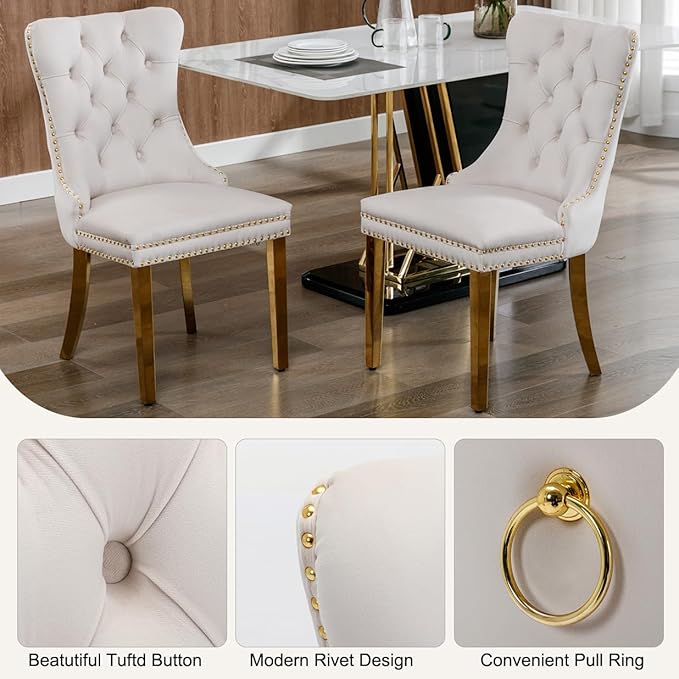 7-Piece Faux Marble Round Dining Table Set for 6, Modern Luxury Kitchen Table Set for 6 with Beige Tufted Chairs,Circle Dining Tables with White Marble Grain Top and Bronze Pedestal Base