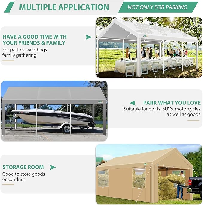 COBIZI Carport 10x20ft Heavy Duty Portable Garage, 2.0 Powder Coated Frame(Better Than Galvanized), Waterproof Shelter with Removable Sidewalls & Windows, Built-in Sandbags, for Car/Boat/SUV, Khaki