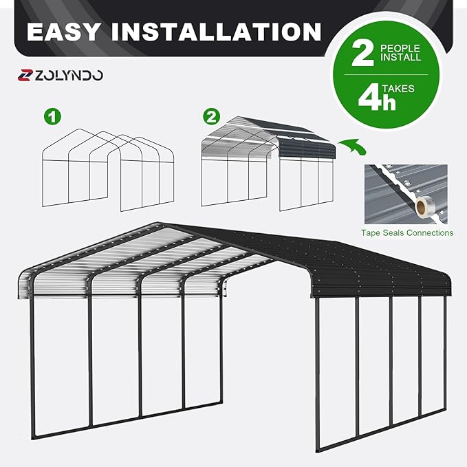 12x20FT Metal Carport Kits, Heavy Duty Car Ports on Clearance with Galvanized Metal Roof, Outdoor Garage Car Shelter Shade for Car, Boats and Truck (Dark Gray), Gift for Dad