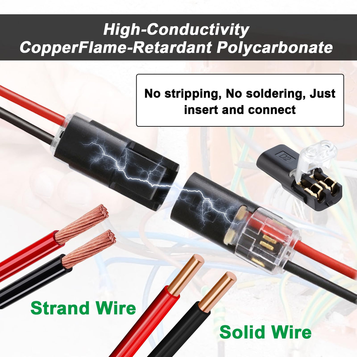 Double Wire Lock-Grip Connector, 2 Pin LED Light Strip Connector with Locking Buckle - No Stripping or Cutting Required (20PCS)