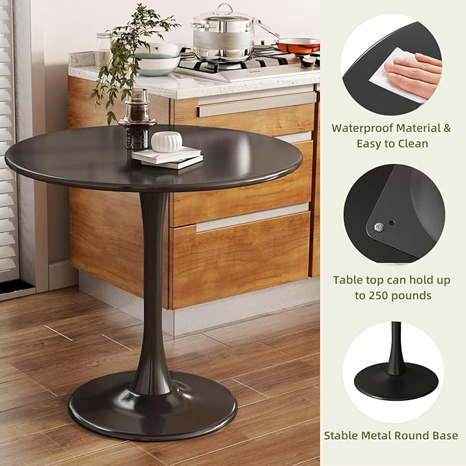 24" Tulip Table for 2-3 Persons Modern Round Dining Table, Mid-Century Dining Room Table Wooden MDF Circle Small Leisure Coffee Tables for Kitchen Living Room (Black, 24")