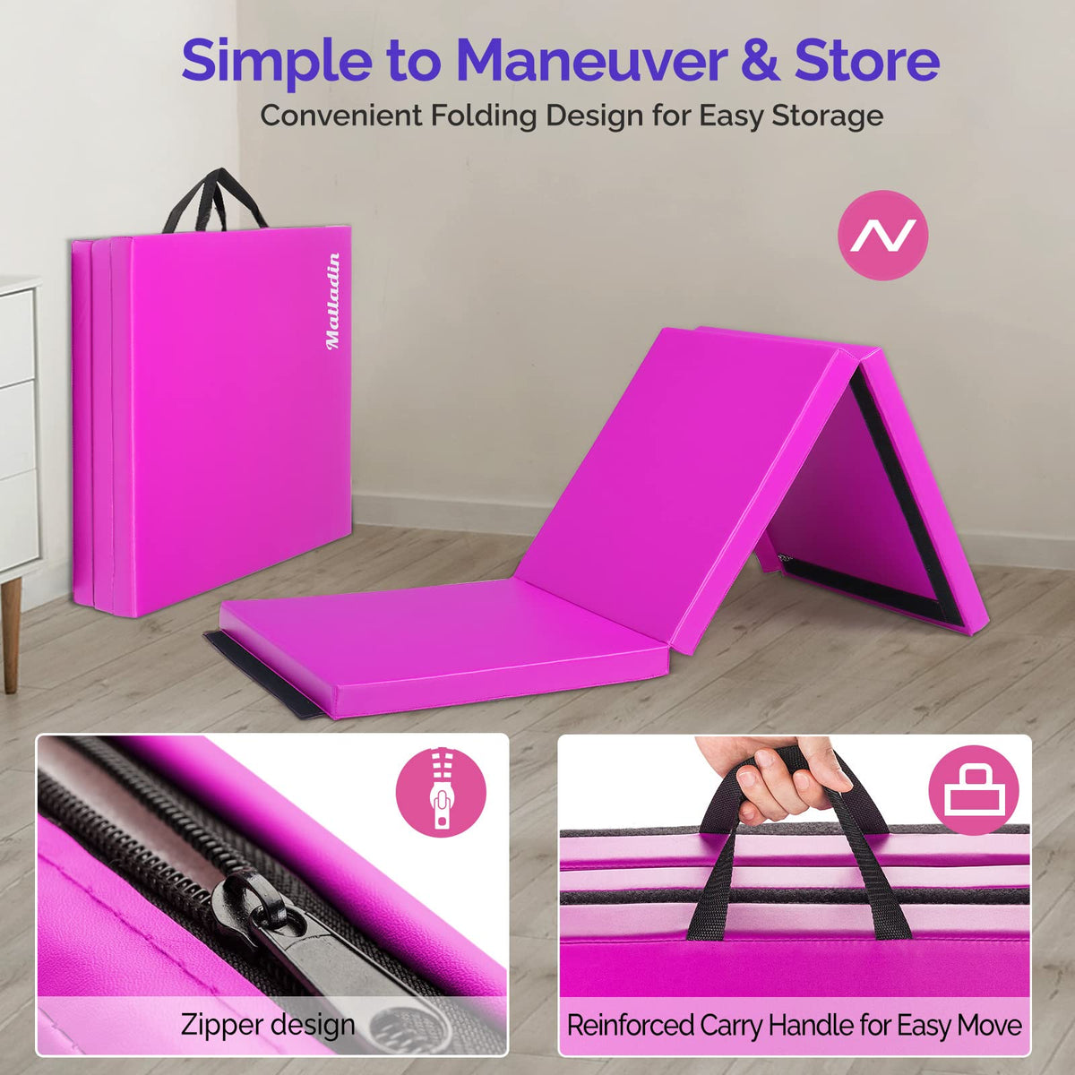 Matladin 6' Folding Tri-fold Gymnastics Gym Exercise Aerobics Mat, 6ft x 2ft x 2in PU Leather Tumbling Mats with Hook & Loop Fastener for Stretching Yoga Cheerleading Martial Arts