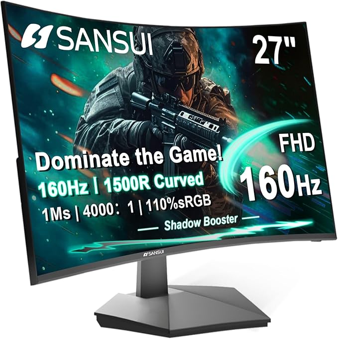 SANSUI 27 Inch Curved 160Hz Gaming Monitor, 1500R Curved Computer Gaming Monitor FHD 1080P, 4000:1, 110% sRGB, FPS/RTS, 1Ms MPRT|FreeSync|HDR|Low Blue Light|HDMI DP| VESA Support, HDMI Cable Incl.
