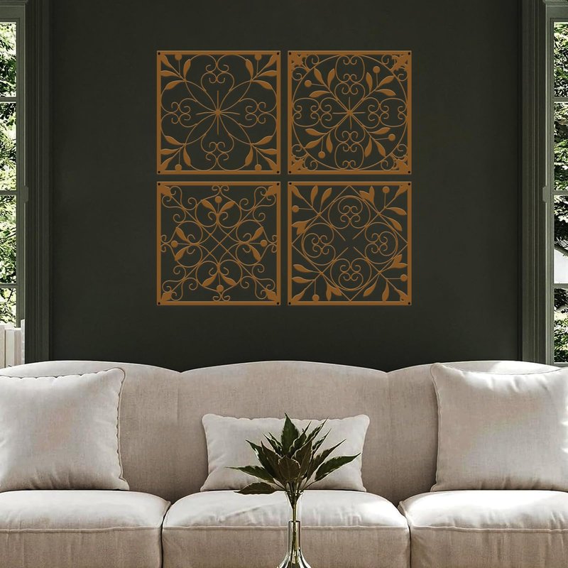Resama 4 Pieces Rustic Wall Decor Farmhouse Wall Decor for Living Room Metal Hollow Carved Design Metal Decorative for Home Bedroom Kitchen Office (Brownish Orange,Square)