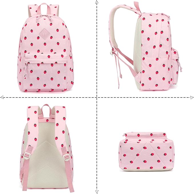 Corduroy Girls Backpack Set, 3PCS School Backpacks for Kids Elementary Middle School Bags with Lunch Box Pencil Case (Pink Corduroy Strawberry)