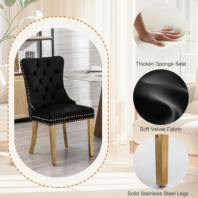 3-Piece Faux Marble Round Dining Table Set for 2, Modern Luxury Kitchen Table Set for 2 with Black Tufted Chairs,Circle Dining Tables with White Marble Grain Top and Bronze Pedestal Base