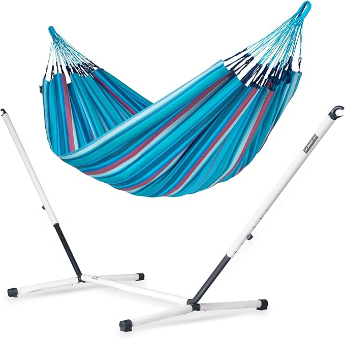 LA SIESTA® - Large Double Brisa Classic Hammock & Nautico Steel Stand - Weather & Tear Resistant Portable Hammock w/Stand - Balcony Porch Garden Outdoor Indoor Hammock - 2-Person Max 355 Lbs, Wave