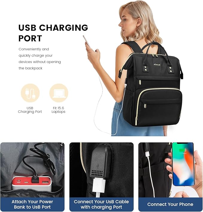 LOVEVOOK Laptop Backpack Women, 15.6 Inch Work Backpack Woman for Teacher Nurse Bags, Computer College Backpack Purse, Waterproof Anti-theft Travel Back Pack with USB Charging Port, Black