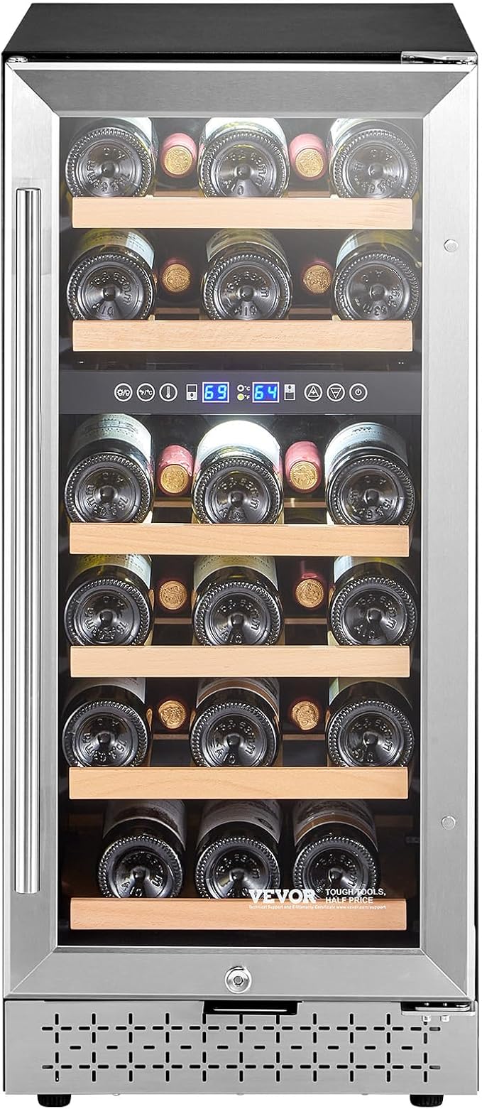 VEVOR Wine Cooler, 28 Bottle Dual Zone Wine Fridge, Mini Wine Cooler Refrigerator with Glass Door, Adjustable Shelves, Digital Temperature Control, Built-in & Freestanding Fridge for Home Office Bar