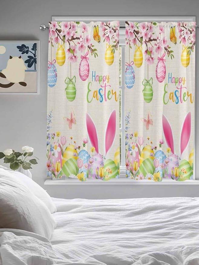 Happy Easter Bedroom Curtains 63 Inches length, Spring Farmhouse Bunny Eggs