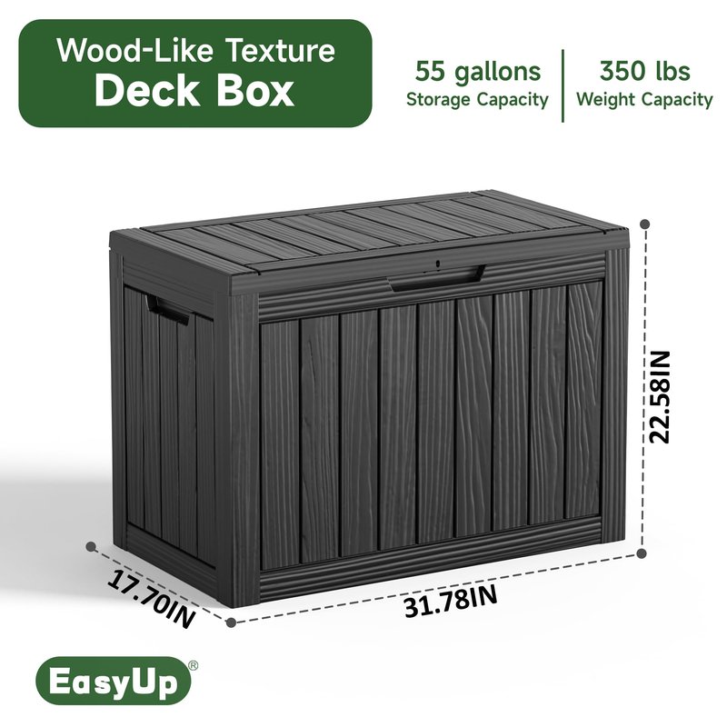 EasyUp 55 Gallon Deck Storage Boxes Outdoor Waterproof, Resin Small Lockable Storage Box, Outdoor Deck Box for Patio Cushion Funiture, Pool Accessories, Garden Tools (Black, 55 Gallon)