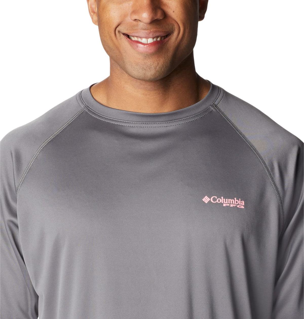 Columbia Men's Terminal Tackle Long Sleeve Fishing Shirt, City Grey/Pink Pop Logo, Small