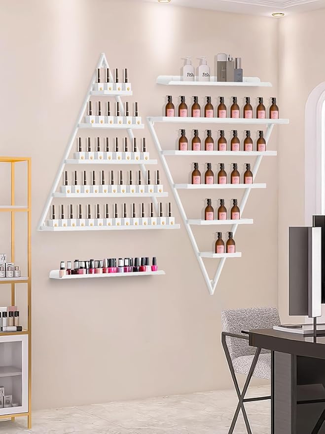 Lorvain Metal Wall-mounted Nail Polish Storage Racks White Triangular Display Rack 5 Tiers Cosmetic Display Cases Lipstick Perfume Wall Shelf Essential Oil Organizers for Home Spa Nail Salon Shop