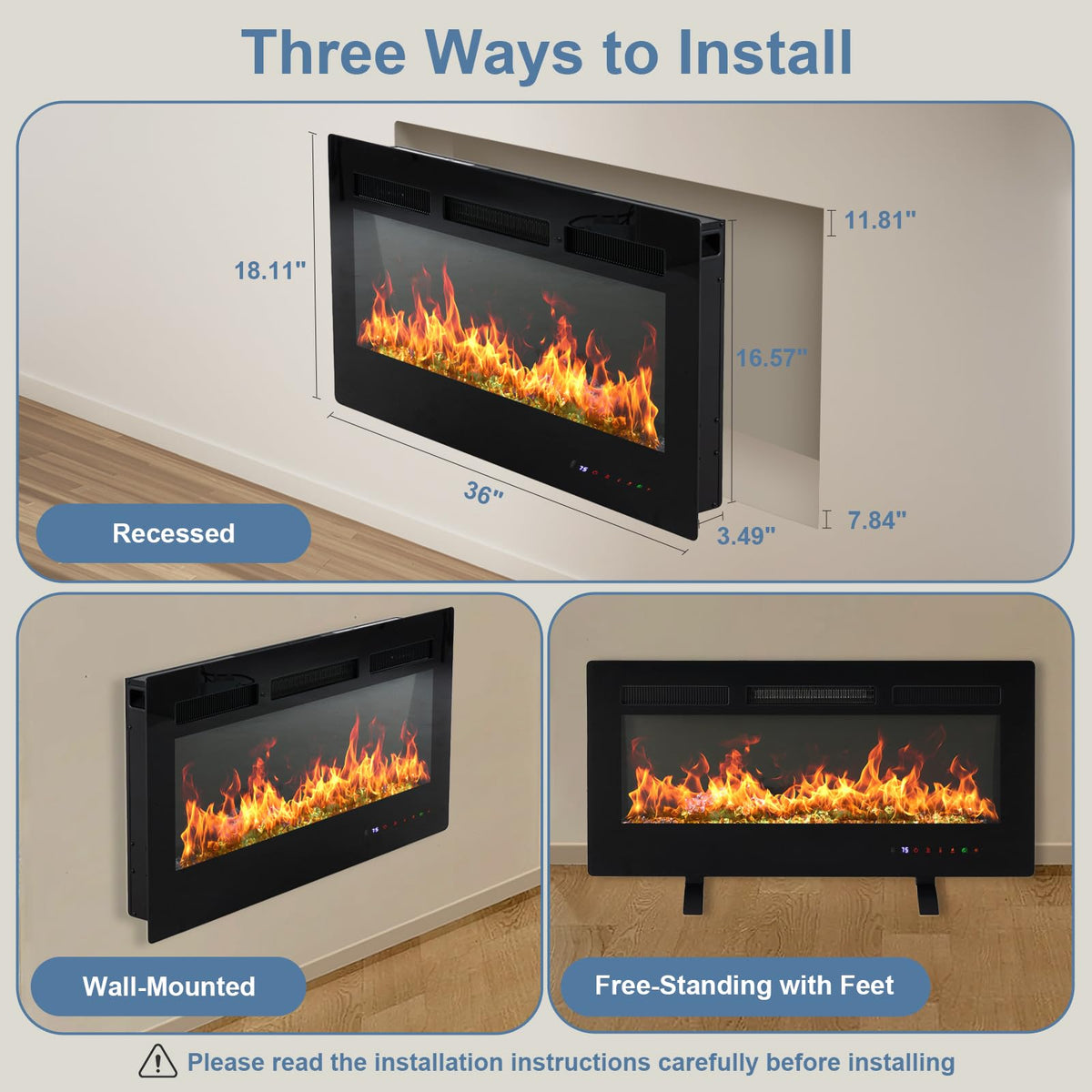 DUMOS 36 Inch Electric Fireplace Wall Mounted/Recessed/Free Standing Space Heater with Remote Control Adjustable Flame Colors Touch Screen Energy Saving, Black