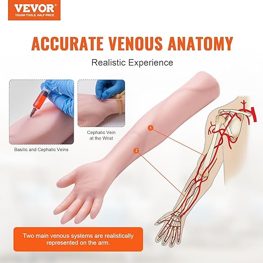 VEVOR 12 PCS Phlebotomy Practice Kit, IV Venipuncture Intravenous Training, High Simulation IV Practice Arm Kit with Carrying Bag, Practice and Perfect IV Skills, for Students Nurses and Professionals