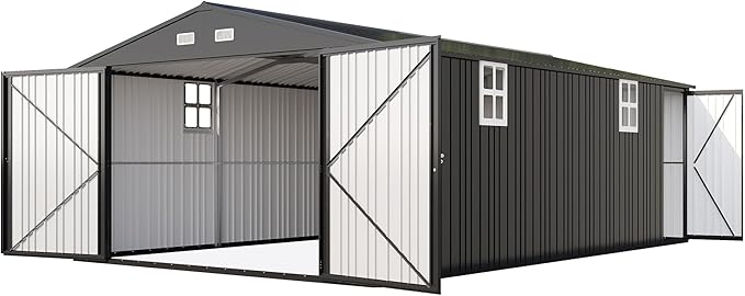 AMERLIFE 13x21x8 FT Outdoor Metal Garage Shed, Extra Large Storage Shed with Double Hinged Doors, 4 Windows, Carport for Car, Truck, Bicycle and Lawn Equipment, Dark Gray