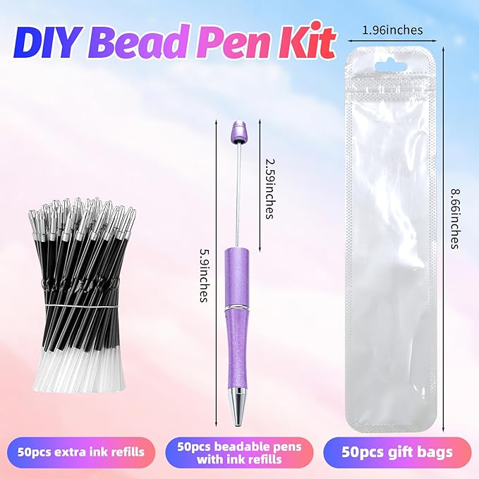 150 Pieces DIY Beadable Pen Kit – 50 Plastic Ballpoint Pens with Refills & Bags – School Supplies, Office Accessories & Decorative Items for Students & Teachers (Purple)