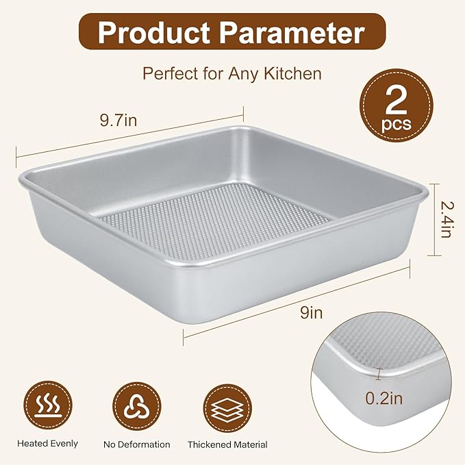 Logario 9 Inch Square Baking Pan Set of 2, Nonstick Aluminized Steel