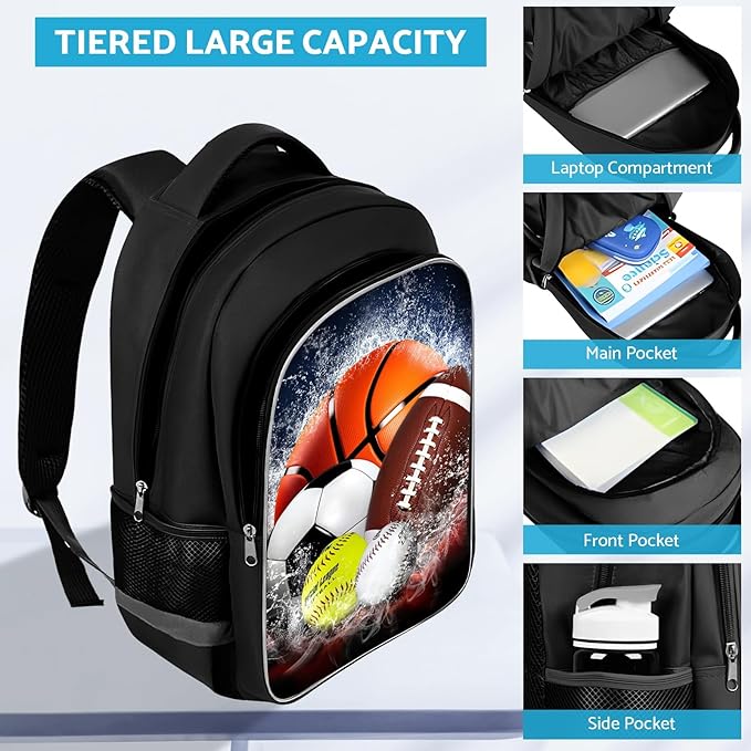 School Backpack for Boys - Sports Boys Backpack for Kids Children Teens Elementary Middle School - Students Bag for Ages 6-18,17″Bookbag Multifunctional Large Capacity