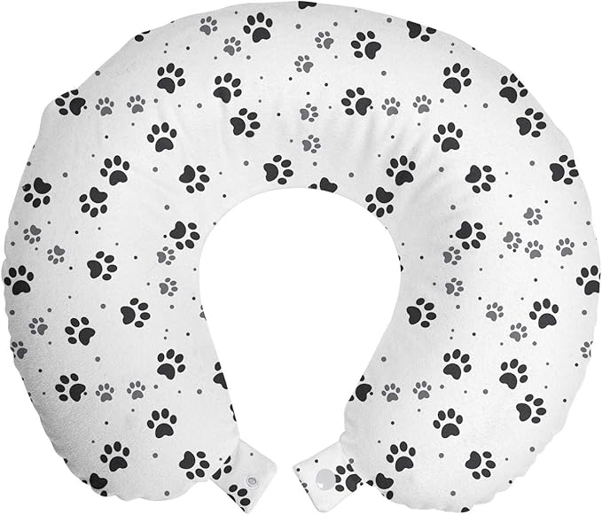 Ambesonne Paw Print Travel Pillow Neck Rest, Repeating Greyscale Dog and Cat Feet Pattern with Irregular Dots, Memory Foam Traveling Accessory for Airplane and Car, 12", Grey Charcoal Grey White