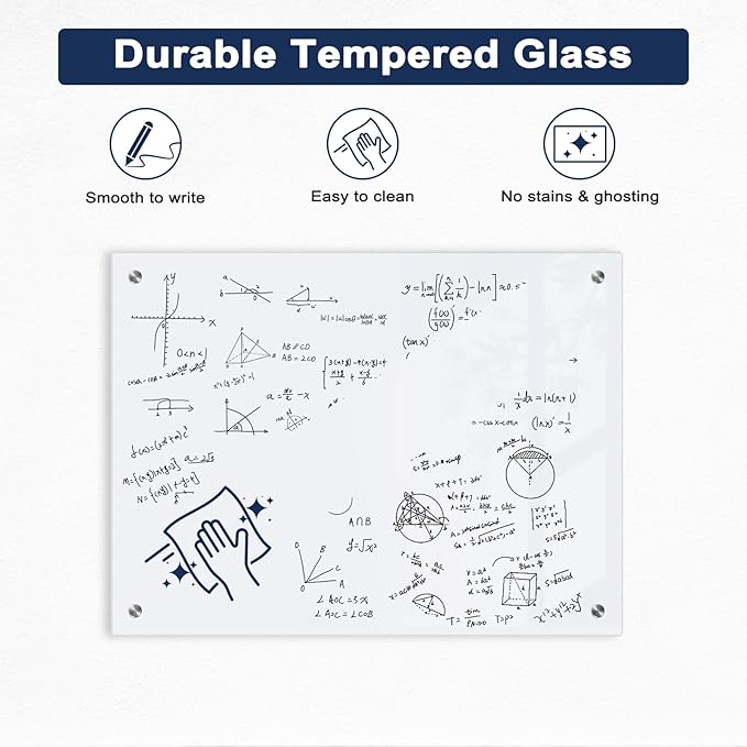 Magnetic Glass Whiteboard, 24" x 18" Dry Erase Board for Wall, Frameless White Board with 1 Marker Tray and 3 Magnets for Office, Home, Classroom -Ultra White