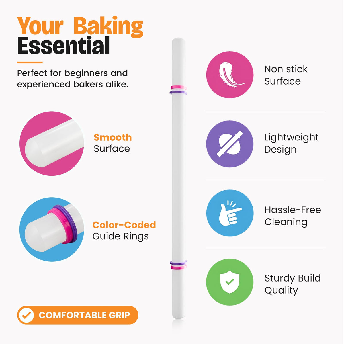 Bakerpan Fondant Roller Set - 3 Fondant Rolling Pins with Thickness Guide Rings for Fondant, Gum Paste, Sugar Paste & Cake Decorating - 19.5", 13" & 9"