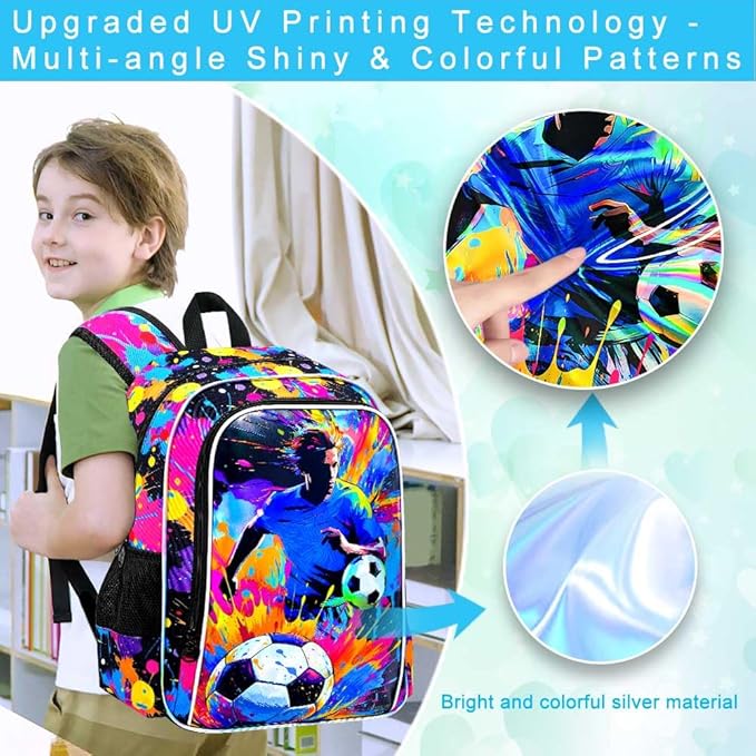 KLFVB 3PCS Backpack for Boys, 17" Kids Football Bookbag and Lunch Box, Water Resistant Teenagers School Backpacks for Middle Elementary - Spray-Paint Soccer