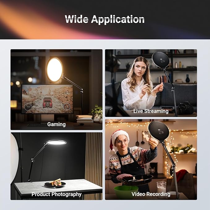 NEEWER Basics 10.5" Streaming Key Lighting, 3000-6500K 15W Full Screen LED Panel Ring Light with Adjustable Arm Stand Desk Clamp Timer for Laptop Computer Video Conference Zoom Makeup, R10