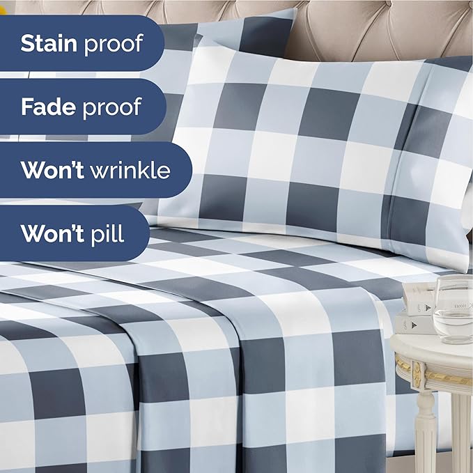 Blue Gingham Bed Sheet Set – 1 Flat & 1 Fitted Sheet & 1 Pillowcase w/ Deep Pockets – Grid, Plaid, Checkered Pattern Bedding - Wrinkle & Fade Resistant - Soft, Breathable and Cooling - Twin XL Size
