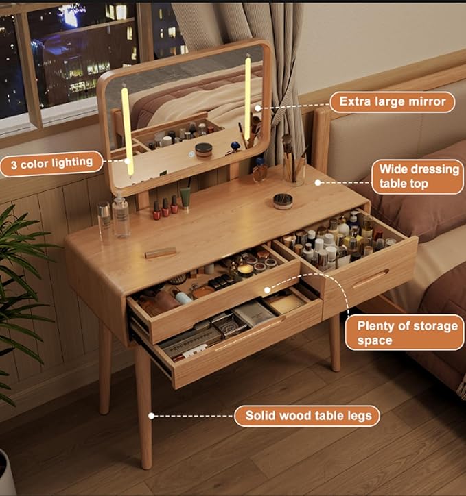 Soild Wood Vanity Table 40 IN with Light Mirror High Adjustable, Make Up Desk Large Dressing Table 3 Lighting Modes, Makeup Vanity 3 Drawer Dresser Vanity Table Wooden for Checkroom Apartment Bedroom
