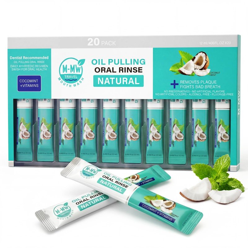 M-MW Coconut Oil Pulling Mouthwash for Fresh Breath (20 Travel Sachets)