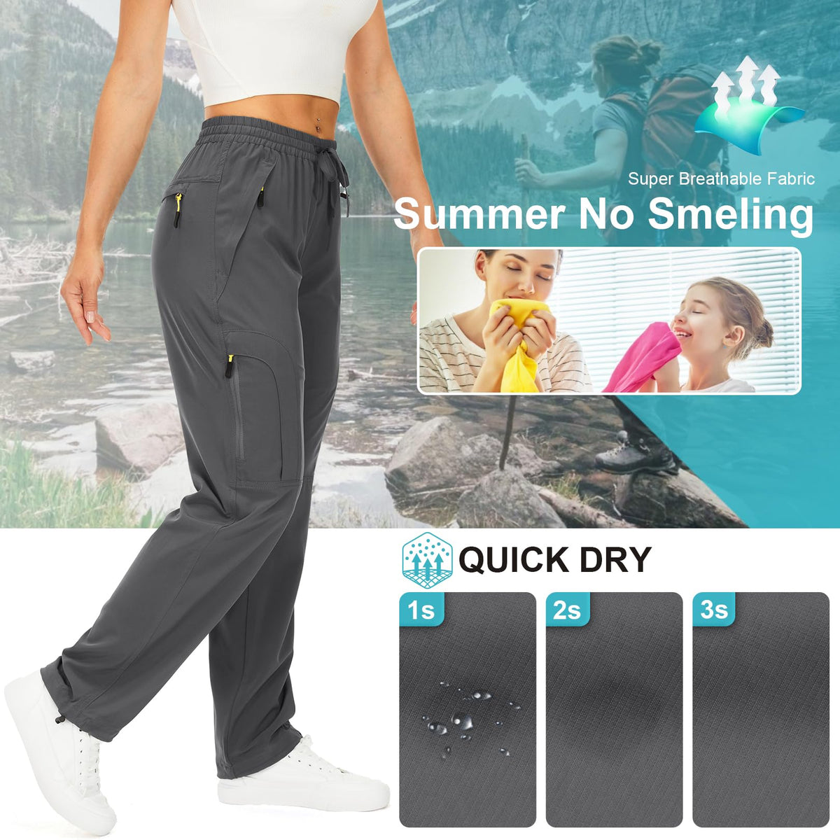 Womens Hiking Pants Quick Dry UPF 50 Lightweight Travel Golf Cargo Safari Pants Zipper Pockets,6608,Dark Grey,Petite S