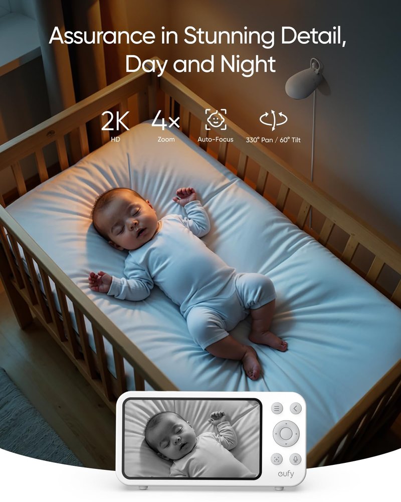 eufy Baby Monitor E20, 2K Resolution, 5'' 720p Display, Hybrid Connection, Wi-Fi & No Wi-Fi Control, Pan-Tilt, 4× Zoom, Night Vision, Built-in Battery Camera, ANR, Smart Alerts, 24/7 Recording