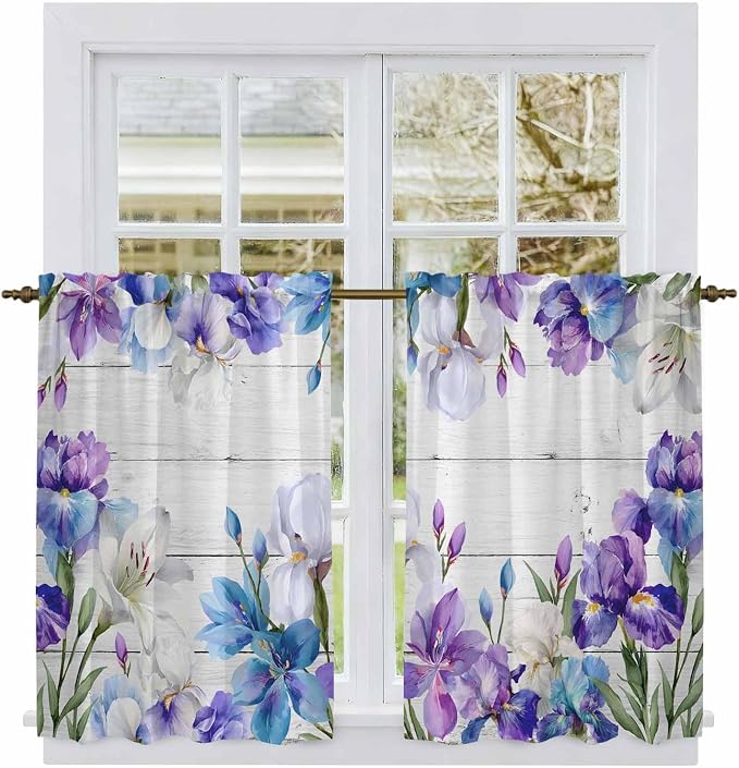 Spring Flowers Tier Curtains, Watercolor Garden Florals Wooden Grain Light