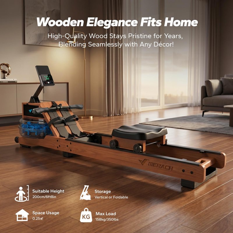 MERACH Water Rowing Machines for Home, Wood Rower Machine with 12 Enhanced Resistance Blades, Upgraded Handle, Adjustable Footpad, Dedicated Monitor & Bluetooth App