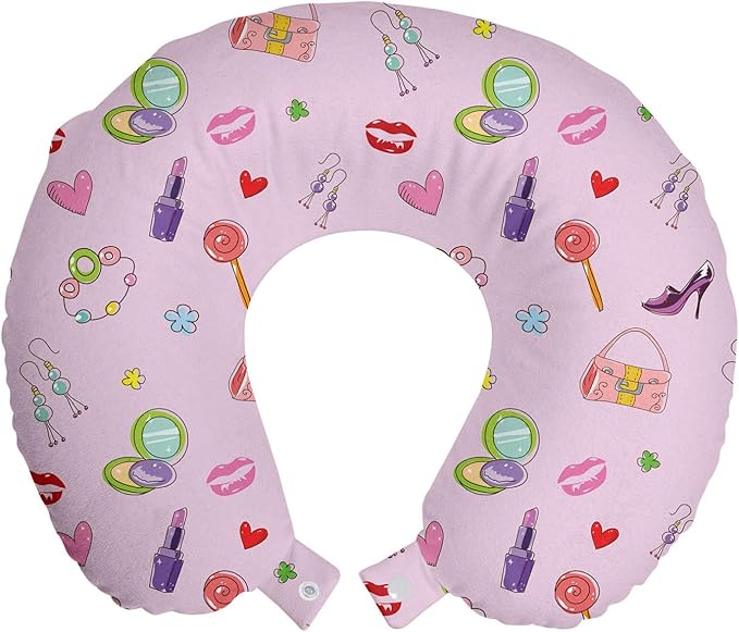 Ambesonne Cartoon Travel Pillow Neck Rest, Girls Illustration with Fashion Accessories and Makeup Lollipop Flower Print, Memory Foam Traveling Accessory for Airplane and Car, 12", Pink Purple