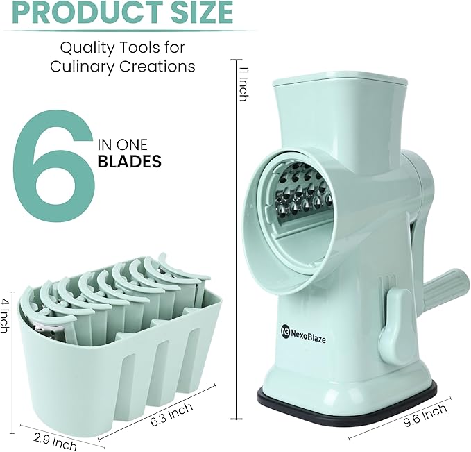 NexoBlaze Rotary Cheese Grater with Hand Crank – 6-in-1 Cheese Shredder, 6 Stainless Steel Blades, Reinforced Suction Base, Grater for Cheese, Vegetables, Nuts
