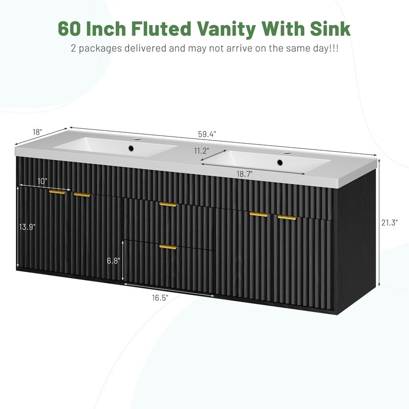 CARPETNAL 60 Inch Bathroom Vanity with Sink, Modern Fluted Large Double Sink Bathroom Vanity with Sink with 2 Storage Cabinets, Adjustable Shelf and 2 Drawers, Black