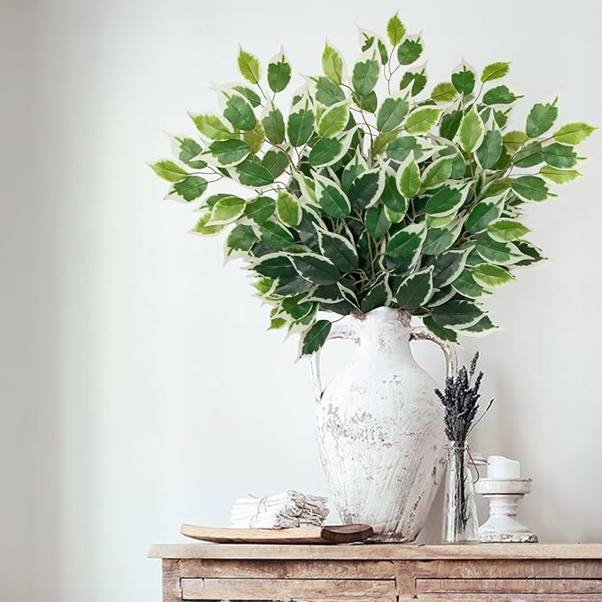 24PCS Ficus Leaves Artificial Branches - 24" Faux Ficus Greenery Tree Branches - Fake Leaves Sprays for DIY Arch Wedding Wall Decor - Green & White