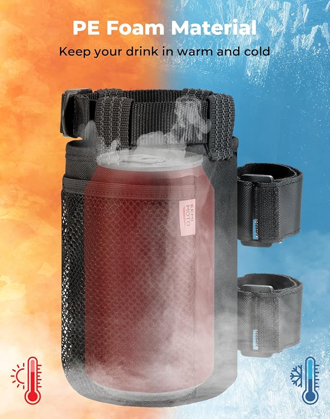 KEMIMOTO 1 Pack Cup Holder, Roll Bar Cup Holder for UTVs Wheelchair Scooter Walker Rollator Bike Golf Cart Boat with Mesh Pockets and Sticky Straps,
